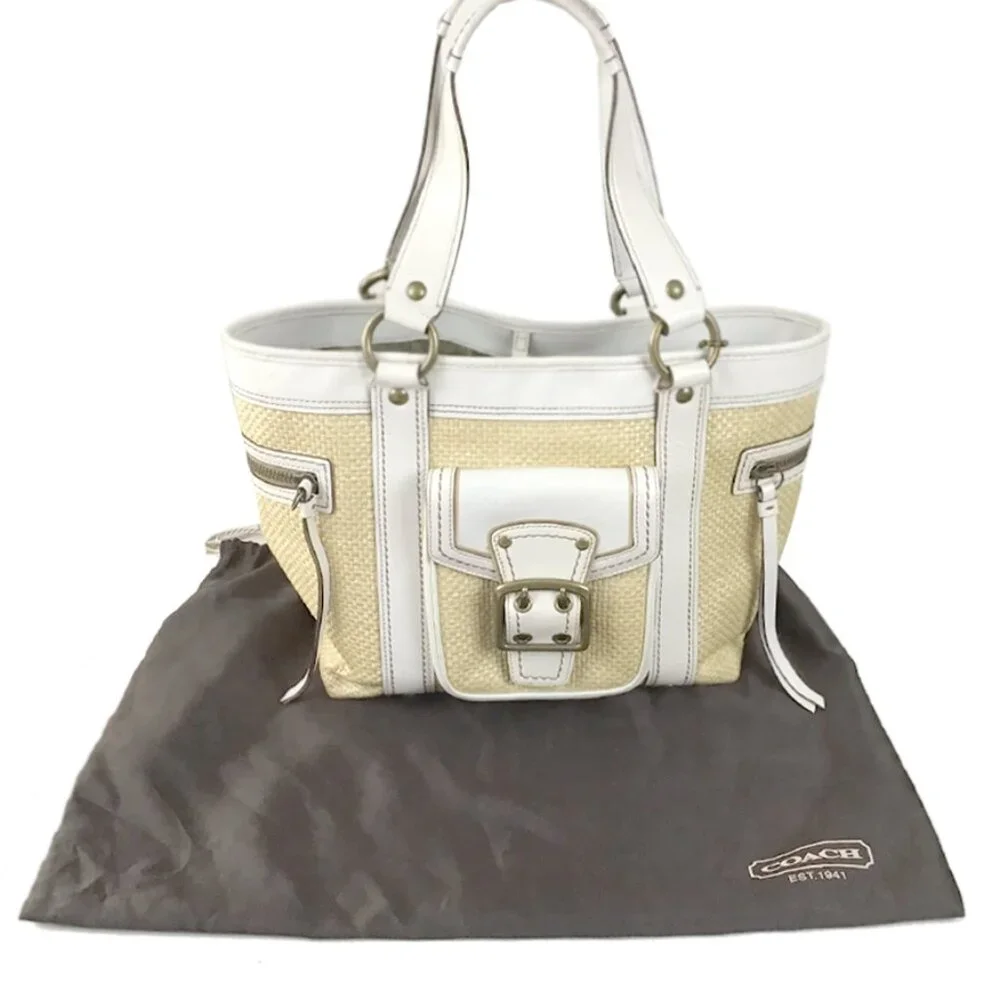 Coach Legacy Vintage White & Straw Satchel Tote Handbag